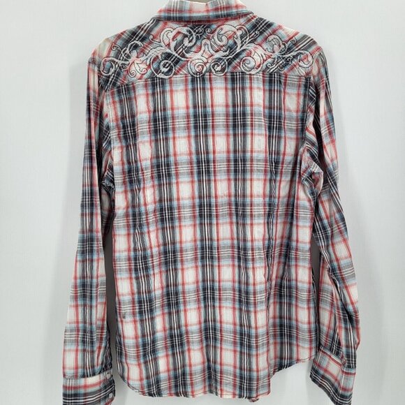 The Buckle Pearl Snap Shirt Mens Medium Red Blue‎ Plaid Icon Western Embroidered - Picture 2 of 11